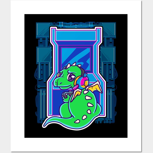 Baby Dragon Gamer Cute & Funny Arcade Gaming Wall Art by theperfectpresents